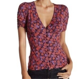 Free People Button Down Puff Sleeve Ruched Corset Style Blouse Women’s Large